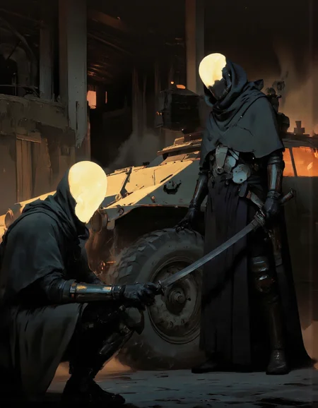 Art by Piotr JabÅoÅski. A digital illustration shoot from the side about a futuristic scene featuring two silhouetted figures in dark armor with glowing hoods, one kneeling and one standing, in a post-apocalyptic setting. the scene is set in a dimly lit, industrial environment with a smoky, smoky atmosphere and a large, armored vehicle in the background. on the left of the image, a humanoid figure, who appears to be in a crouched position, is facing the viewer with a serious expression, wearing a glowing, hooded cloak that covers their face and body. the figure on the right, who is standing with a weapon in hand, is also in a squatting position, holding a sword. both figures have glowing, glowing eyes and appear to be armored, with a sleek, metallic design. the overall atmosphere is dark and moody, with shadows and highlights adding to the dramatic lighting effect.
