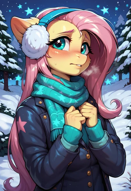score_9, score_8_up, score_7_up, score_6_up, semi-realistic artwork, detailed background, high quality, vibrant colors, best quality rendering, intricate details, high resolution, sharp focus, best render quality, (background-winter forest, snow, night, stars, glowing stars), close up view, focus on face,
1girl, solo, Fluttershy (anthro pony), 18 yo, long hair, narrow shoulders, skinny, shiny skin, small perky breasts,
wearing a winter coat, scarf, mittens, fluffy winter earmuffs,
dynamic pose, shivering,
shy, blush, blushing, embarrassed, looking back at viewer, hot breath,