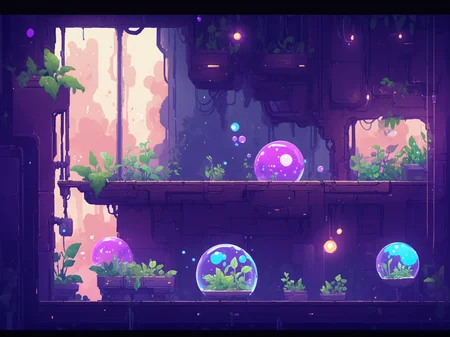 NH2D, NH2D, a room with a bunch of plants and a bunch of lights on it and a bunch of plants growing out of the windows,purple bubble,<lora:2dmap:1>