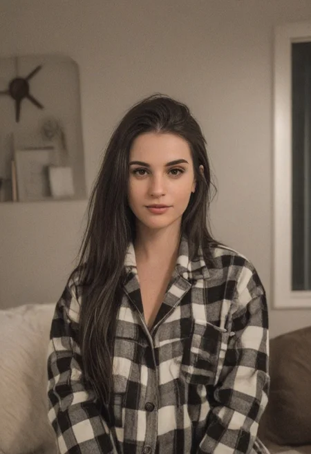 30yo woman wearing Plaid Polar Fleece Shacket with white textures
long black dark hair slick back and smooth. Kissface.
smile. Looking at camera. POV.
happy.
Living room. Fully furnished.
Night time.
Portrait.