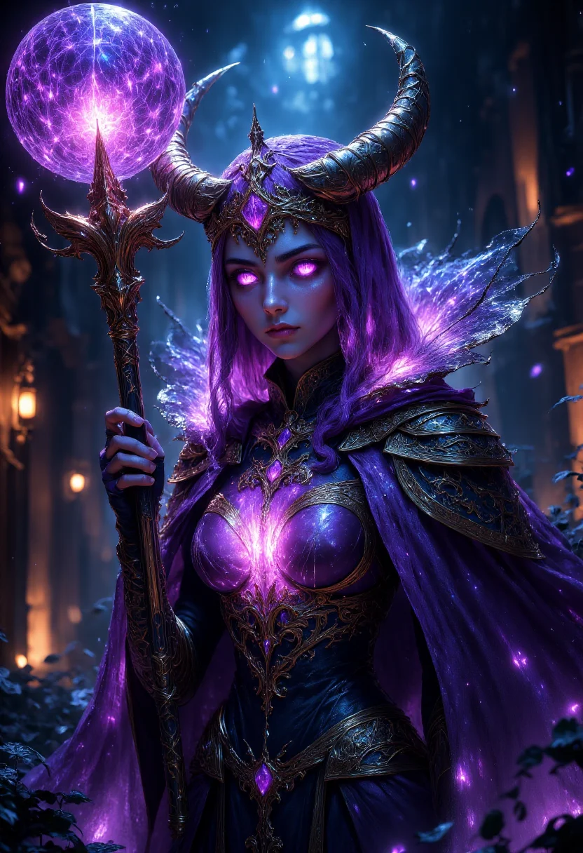 Cinematic full body shot of an ancient female witch with purple glowing eyes, super detailed face features, adorned in intricate gold armor and black cloak and hood, holding a purple orbstaff, illuminated by the soft glow from bioluminescent plants, with shimmering particles floating around her, creating a magical ambiance. The background is darkened to highlight her features, and she exudes both power and elegance. hkevil, masterpiece, best quality, highly detailed, sharp focus, dynamic lighting, fsstyle <lora:fsstyle:1> <lora:BeautyInEvilFlux:1>