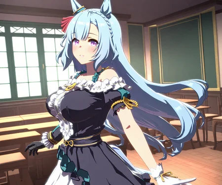 masterpiece, best quality, amazing quality, , 1girl, solo, looking at viewer,    <lora:Mejiro Ardan in game style 3D ILL-v2:1.2> ummsmingame, 3d, mejiro ardan \(umamusume\), asymmetrical gloves, single sleeve, single sleeve on left arm,  black gloves on left hand,  white gloves on right hand