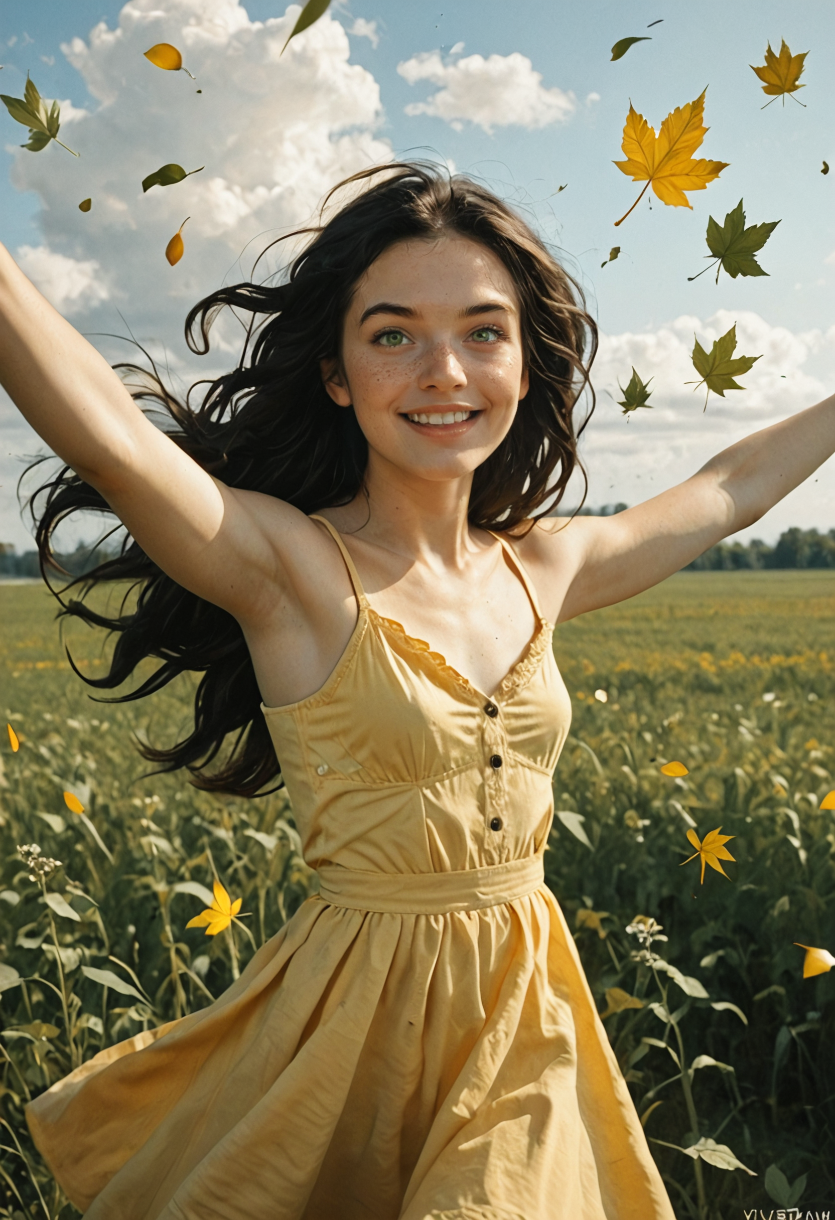 score_9, score_8_up, score_7_up, photo, Film still, cinematic, film grain, shot on kodak ektachrome 200 35mm, a photograph of a beautiful woman, 18yo, very pretty, long hair, black hair, green eyes, freckles,   small breasts, perky breasts, yellow sundress, spinning in a field, outstretched arms, wildflowers, happy, evening, volumetric light, wind, clouds, falling leaves, sunbeam, <lora:EnvyPonyPrettyEyes01:0.4>, <lora:Expressive_H:0.4>
