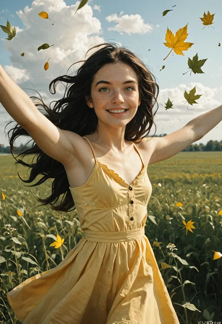 score_9, score_8_up, score_7_up, photo, Film still, cinematic, film grain, shot on kodak ektachrome 200 35mm, a photograph of a beautiful woman, 18yo, very pretty, long hair, black hair, green eyes, freckles, small breasts, perky breasts, yellow sundress, spinning in a field, outstretched arms, wildflowers, happy, evening, volumetric light, wind, clouds, falling leaves, sunbeam, <lora:EnvyPonyPrettyEyes01:0.4>, <lora:Expressive_H:0.4>