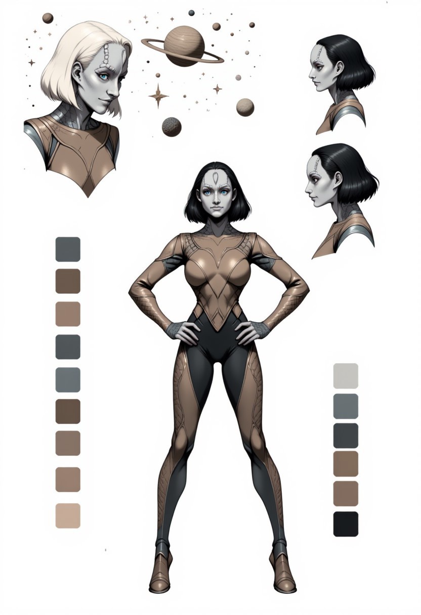 reference sheet,white background,simple background,multiple views, upper body, front, from side, color palette reference, the subject is a young female Cardassian alien with gray skin, (grey skin), forehead crest, neck ridges and scales. short black hair, she stands in a confidant pose with both hands on her hips, CharacterDesignFLUX, high_detailed, captured in high detail, surrounded by sci-fi stars and planets