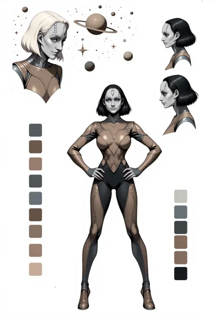 reference sheet,white background,simple background,multiple views, upper body, front, from side, color palette reference, the subject is a young female Cardassian alien with gray skin, (grey skin), forehead crest, neck ridges and scales. short black hair, she stands in a confidant pose with both hands on her hips, CharacterDesignFLUX, high_detailed, captured in high detail, surrounded by sci-fi stars and planets