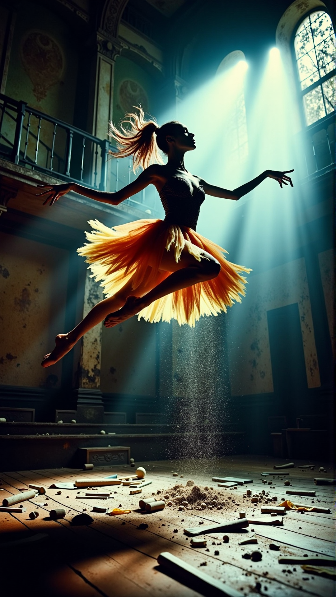 A realistic photo of a halloween A dancer, defying gravity, performing a grand jetÃ in an abandoned, decaying theater. Dimly lit by beams of sunlight streaming through broken windows. Vibrant colors, high contrast, dramatic atmosphere, detailed background, dust particles floating in the air, emotion, determination, elegant, dynamic pose, mid-air, powerful, focused, motion blur, warm colors, orange and yellow, blue and green background, vintage, crumbling walls, emotion, determination, elegance, strength, resilience.<lora:DarkmosphericFlux:1>