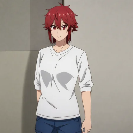 <lora:Tomo_pony_v1:.8>TomoWhiteLongShirt, red hair, 1girl, red eyes, white shirt, blue shorts, hair between eyes, short hair, shiny hair, cowboy shot