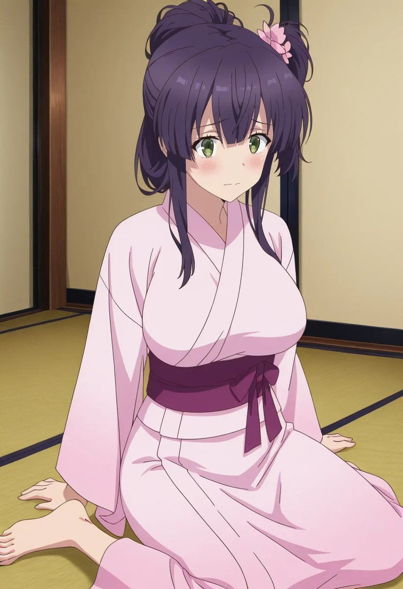Mai Yanase, toji no miko style, 1girl, solo, purple hair, long hair, hair between eyes, bangs, hair flower ornament, sidelocks, hair up, one-side up, green eyes, large breasts, pink kimono, purple sash, wariza, on floor, looking at viewer, blush, embarrassed
BREAK
inside house
BREAK
anime screencap, anime coloring, anime colored background, detailed background, detailed face, shiny skin, shiny hair, absurdes, highres, dynamic pose, masterpiece, best quality, official art, cel shaded, graphic illustration, digital painting, CGI, very detailed, amazing quality, intricate details, dynamic pose, HDR, UHD, 8K, Fineline illustration, Highly detailed, ultra-fine painting, sharp focus, Professional, Vivid Colors <lora:add-detail-xl:1> <lora:DetailedEyes_V3:1> <lora:Toji_no_miko_character_pack_Illustrious:1>