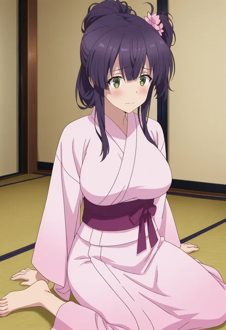 Mai Yanase, toji no miko style, 1girl, solo, purple hair, long hair, hair between eyes, bangs, hair flower ornament, sidelocks, hair up, one-side up, green eyes, large breasts, pink kimono, purple sash, wariza, on floor, looking at viewer, blush, embarrassed
BREAK
inside house
BREAK
anime screencap, anime coloring, anime colored background, detailed background, detailed face, shiny skin, shiny hair, absurdes, highres, dynamic pose, masterpiece, best quality, official art, cel shaded, graphic illustration, digital painting, CGI, very detailed, amazing quality, intricate details, dynamic pose, HDR, UHD, 8K, Fineline illustration, Highly detailed, ultra-fine painting, sharp focus, Professional, Vivid Colors <lora:add-detail-xl:1> <lora:DetailedEyes_V3:1> <lora:Toji_no_miko_character_pack_Illustrious:1>
