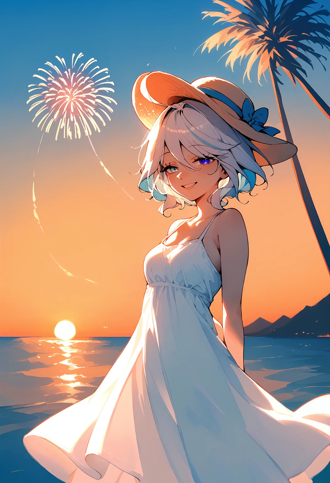 (score_9, score_8_up, score_7_up), 1girl, furina, heterochromia, sun hat, sundress, arms behind back, smile, half-closed eyes, backlighting, sunset, ocean, fireworks, <lora:furina-giPO-v1b:0.9>,