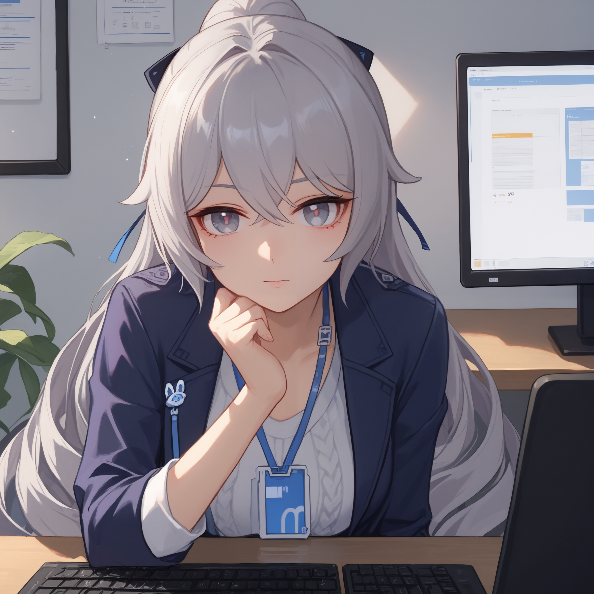 score_9, score_8_up, score_7_up, score_6_up, BREAK source_anime, looking at viewer, office, indoors, 1girl, solo, close up, computer, keyboard, masterpiece, best quality, high detailed skin,   bronya zaychik, bronya zaychik \(outstanding attitude\), long hair, drill hair, grey hair, grey eyes, office lady, white shirt, jacket, single glove, pantyhose,
