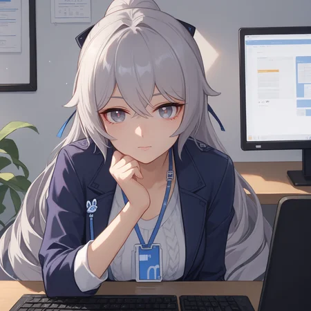 score_9, score_8_up, score_7_up, score_6_up, BREAK source_anime, looking at viewer, office, indoors, 1girl, solo, close up, computer, keyboard, masterpiece, best quality, high detailed skin,   bronya zaychik, bronya zaychik \(outstanding attitude\), long hair, drill hair, grey hair, grey eyes, office lady, white shirt, jacket, single glove, pantyhose,
