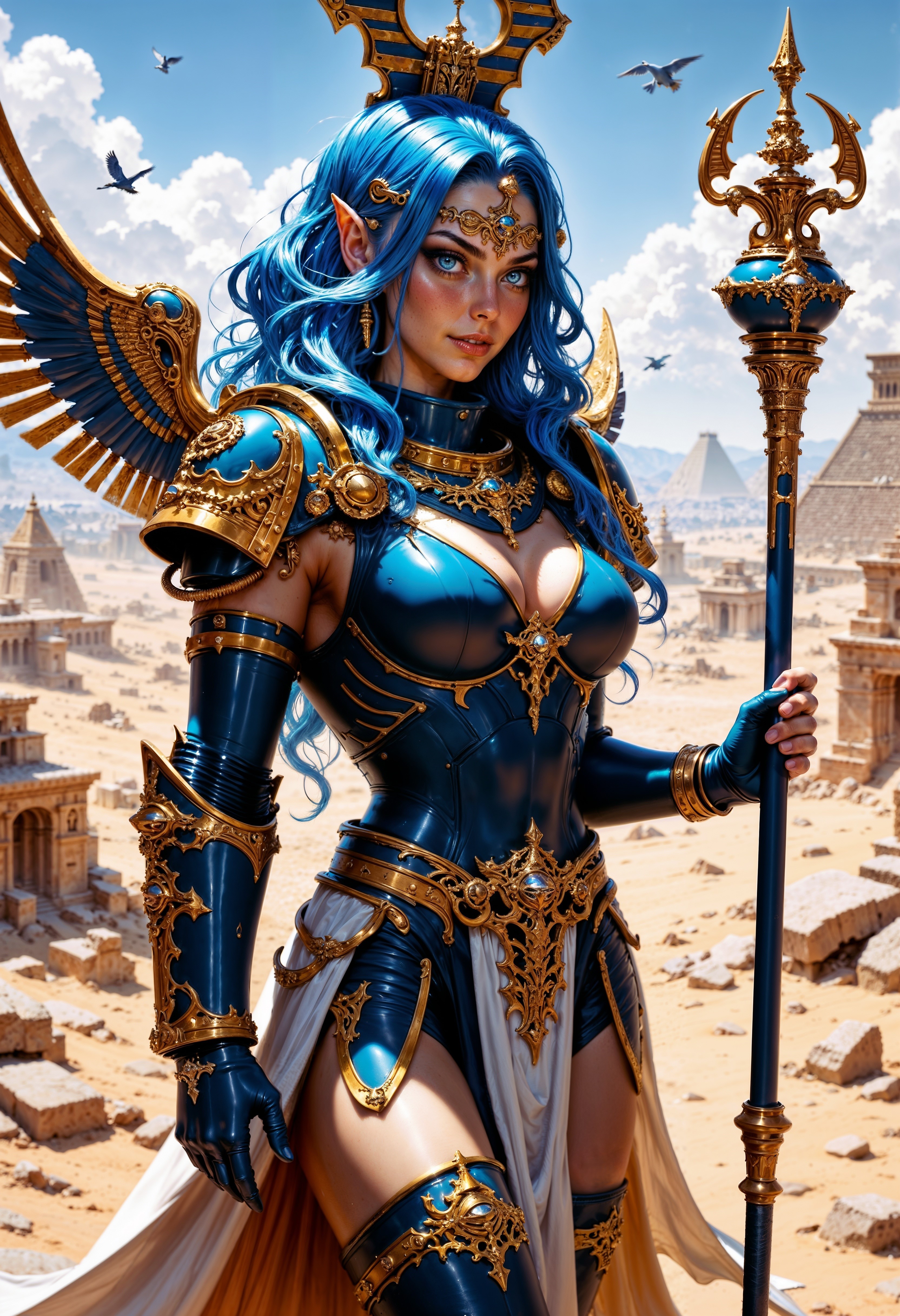 highly detailed magical cinematic scene, a powerful female warrior with an Egyptian theme. She stands confidently in the foreground of a desert landscape with ancient pyramids in the background. Her skin is fair, and she has long, wavy blue hair cascading down her shoulders. Her eyes are a striking blue, complementing her ornate attire. She wears a detailed blue and gold ThouS40k armor with intricate designs, including wing-like shoulder guards that resemble wings. A large, golden ankh adorns her chest, symbolizing life and rebirth. She holds a staff in her right hand, which has a blue and gold orb at the top. Her left hand is open, and she has a serene expression on her face. The lighting is bright and clear, suggesting midday sun, casting soft shadows. The background includes distant pyramids with hieroglyphics, adding to the ancient Egyptian theme. Blue birds fly in the sky, adding a sense of freedom and movement. The overall style is highly detailed and realistic, with a fantasy element, vignette, highly detailed, bokeh, moody, epic, gorgeous, film grain, grainy, mythp0rt, <lora:FluxMythP0rtr4itStyle:0.6>,  <lora:FluxThouS40k:0.9>