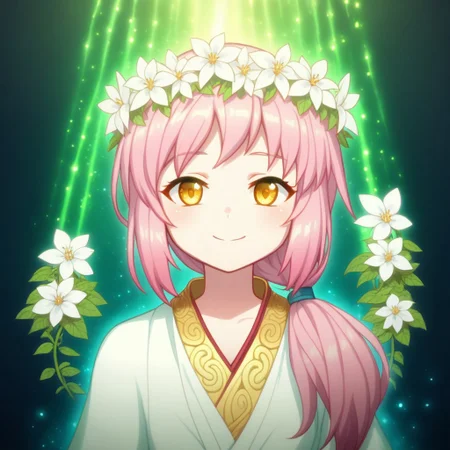 mana_sk style, portrait, focus on face, a hopeful healer girl with soft pink hair tied into a low ponytail and warm golden eyes, wearing a delicate wreath of white flowers and a pastel robe embroidered with luminous patterns, her gentle smile emanating kindness, faint light particles glowing around her face, Japanese RPG style, serene and uplifting atmosphere, intricate details on her wreath and robe