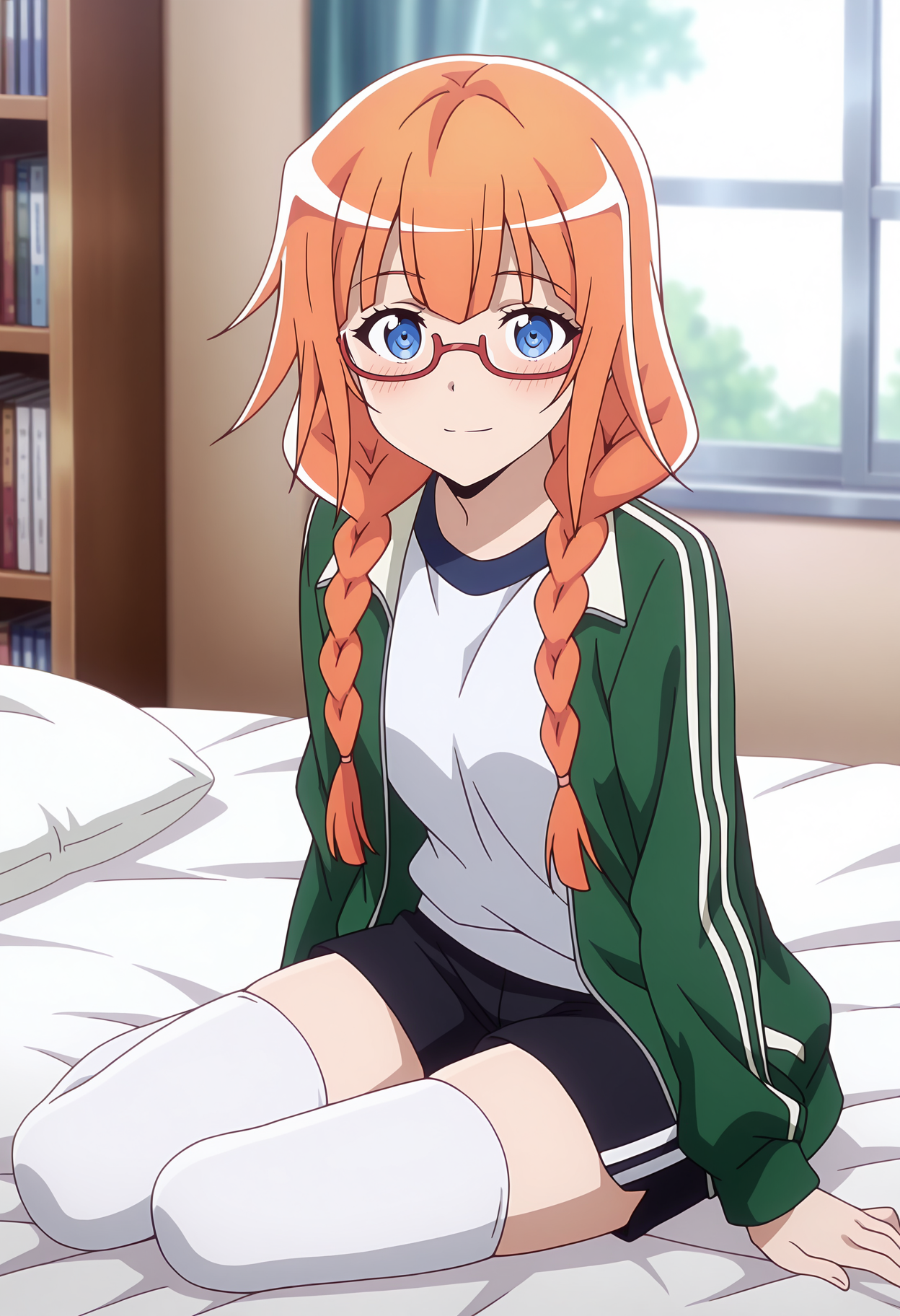 anime screencap, masterpiece, best quality,
<lora:PlasticMemories_KinushimaMichiru_IlluXL:0.9>,
1girl, solo, closed mouth, light smile, blush,
twin braids, long hair, orange hair, blue eyes, red-framed eyewear,
gym uniform, green jacket, open jacket, white shirt, black shorts, white thighhighs,
yokozuwari, looking at viewer, 
on bed, indoors, bookshelf, window, day, blurry background