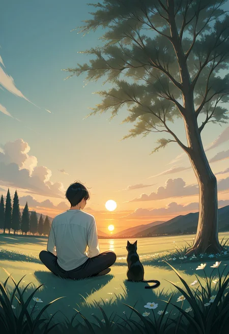 solo, short hair, shirt, black hair, long sleeves, 1boy, sitting, flower, male focus, outdoors, sky, cloud, from behind, tree, cat, grass, plant, scenery, sunset, sun, indian style, black cat