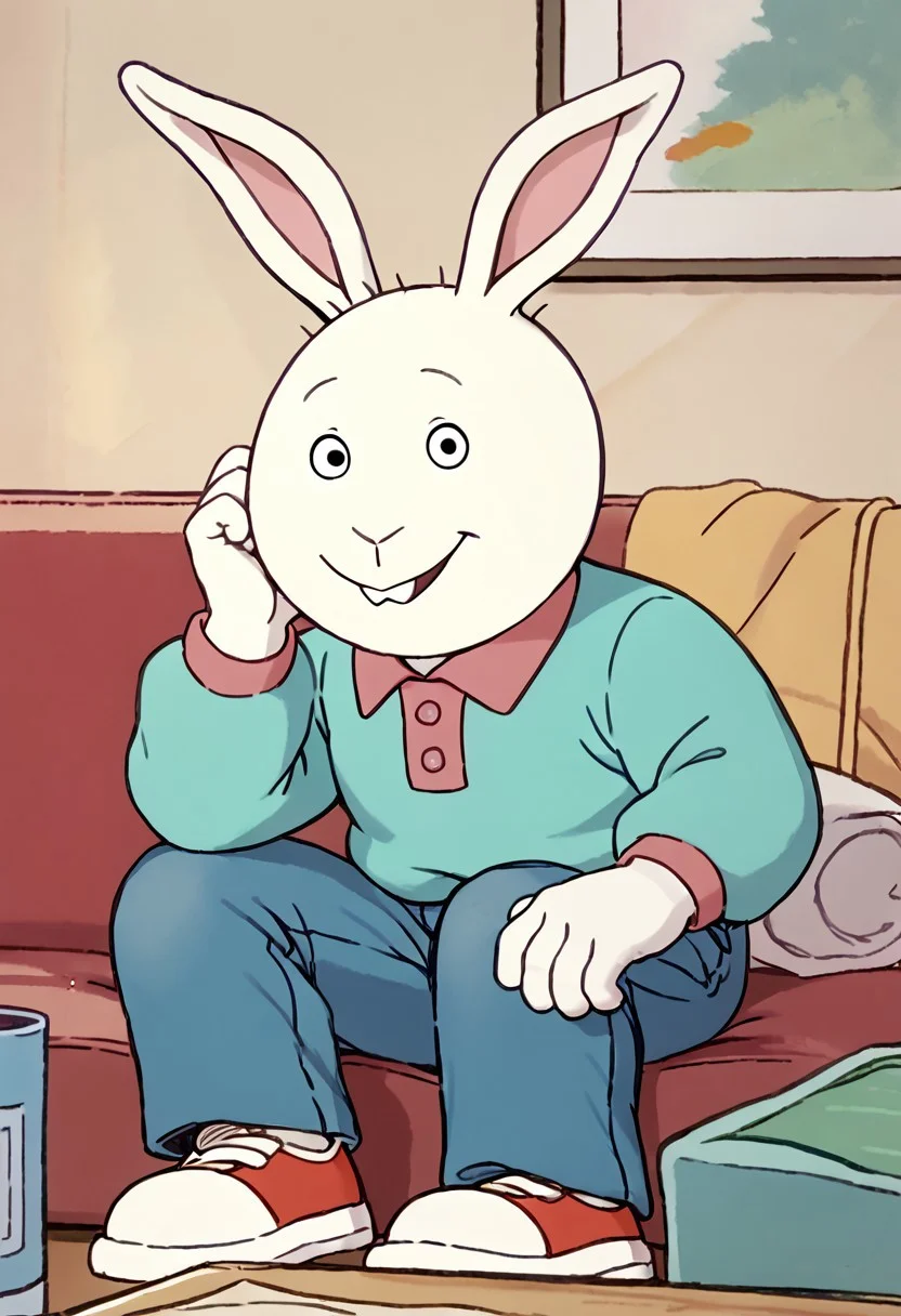 score_9, score_8_up, score_7_up BREAK BusterBax, 1boy, anthro bunny, white fur, white body, black eyes, buckteeth, pink-collared cyan long-sleeved polo shirt, jeans, red white shoes, smiling at viewer,