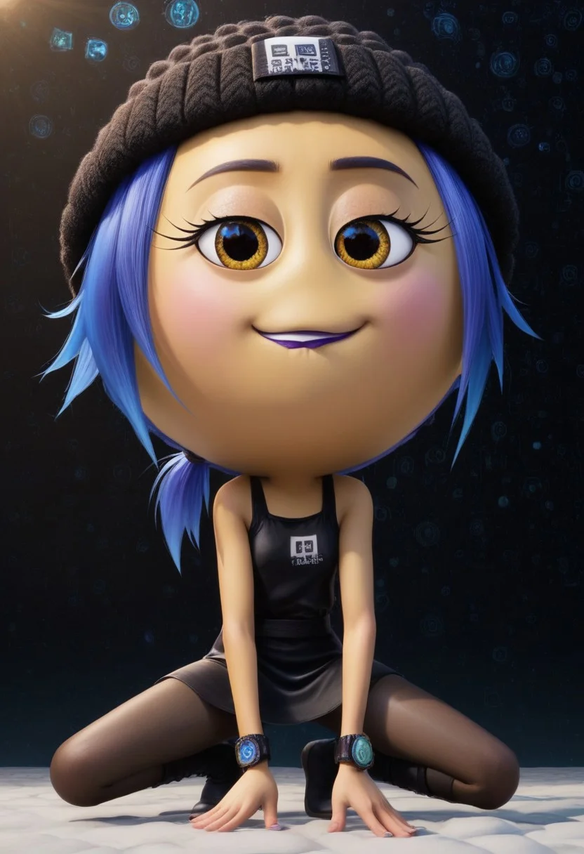 jailbreak, 1girl, yellow emoji, blue hair, ponytail, yellow sunshine eyes, pink cheeks, purple lipstick, round head, big head, chibi, no neck, black beanie with a skeleton on it, black code breaker watch with blue light, short black dress, black skinny tights, score_8_up, score_7_up, BREAK, 1girl, solo, cute, smug, crouching, ninja pose, spreading legs, from below, looking at viewer, eyes half closed, biting lips, detailed background, 4k, masterpiece, best quality, highly detailed, realistic, 3d,