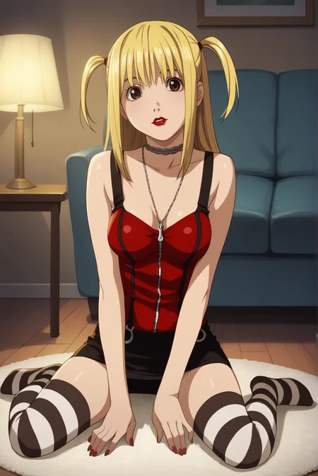 score_9, score_8_up, score_7_up, score_6_up, score_5_up, score_4_up, BREAK source_anime, 1girl, solo,
<lora:MisaMisaXL-v2-07:0.7>, ChopioMisaMisa, blonde hair, brown eyes, looking at viewer,
medium breasts, perky breasts,
long hair, two side up, red lipstick,
living room, sofa, table, lamp, carpet, sitting,
outfit_5, choker, necklace, red bustier, zipper, suspenders, black skirt, pencil skirt, striped thighhighs, zettai ryouiki,