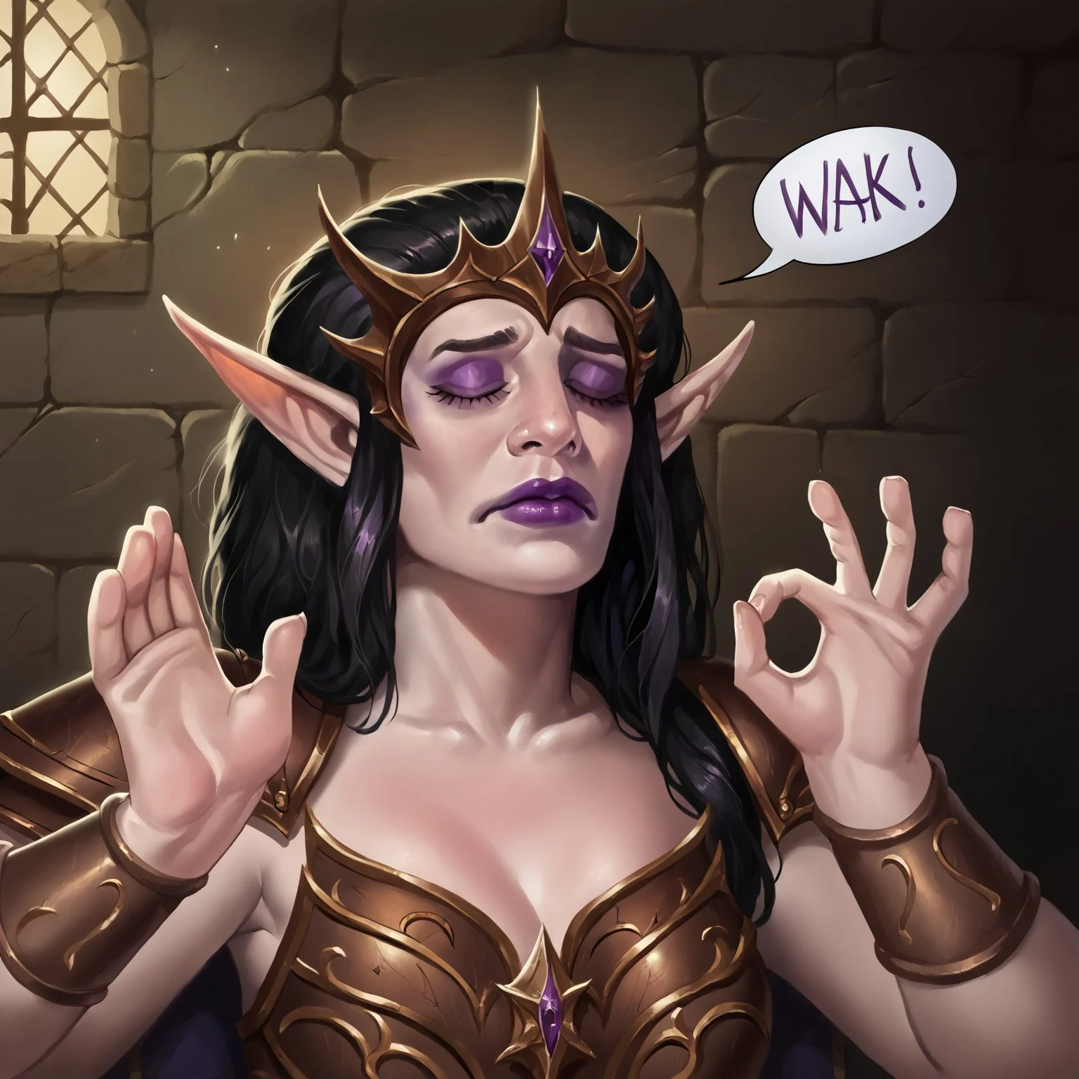 score_7_up, score_6_up, realism, isat4n-dh, pachameme, hands up, ok sign, closed eyes, DESorceress, pointy ears, black hair, purple lipstick, makeup, armor, dark dungeon, dungeon indoors, spoken "KILL" <lora:add-detail-xl:0.5> <lora:sinfully_stylish_SDKL:0.5> <lora:Artist_Style_-_isatandoomsatan666_PDXL:1> <lora:Sorceress:0.7> <lora:PachaMeme_pdxl_Incrs_v1:1>