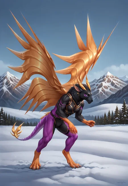 solo, by reallynxgirl,  Eothos, Furry dragon,((anthro)),  golden wings, snow mountains, detailed background