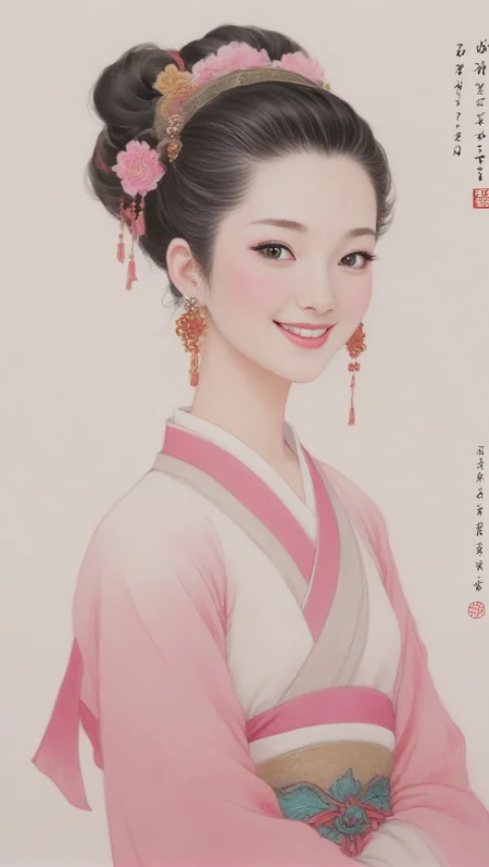 XCYP Ancient Character Painting,(chinese traditional minimalism:1.3), Close-up Portrait, Left View, Chinese eenchanting Maiden, Charming smile, solo,1girl, beautiful ,elegant, pink color matching, white background, hair, hair accessories, earrings,<lora:é²å䏿´¾@彩墨ç¥è¯XL:1>,