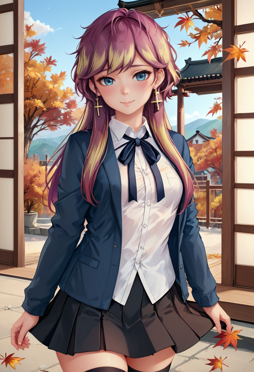 score_9, score_8_up, score_7_up, 1girl, seraphina, 
 <lora:Seraphina (3):1>, 
curvy,small perky breasts, perfect face, looking at viewer, autumn, autumn leaves, Japanese architecture, shy smile, blush, portrait, face focus, detailed face, shy smile, blush
blue jacket, shirt, neck ribbon, skirt, black skirt, thighhighs, cross earrings,