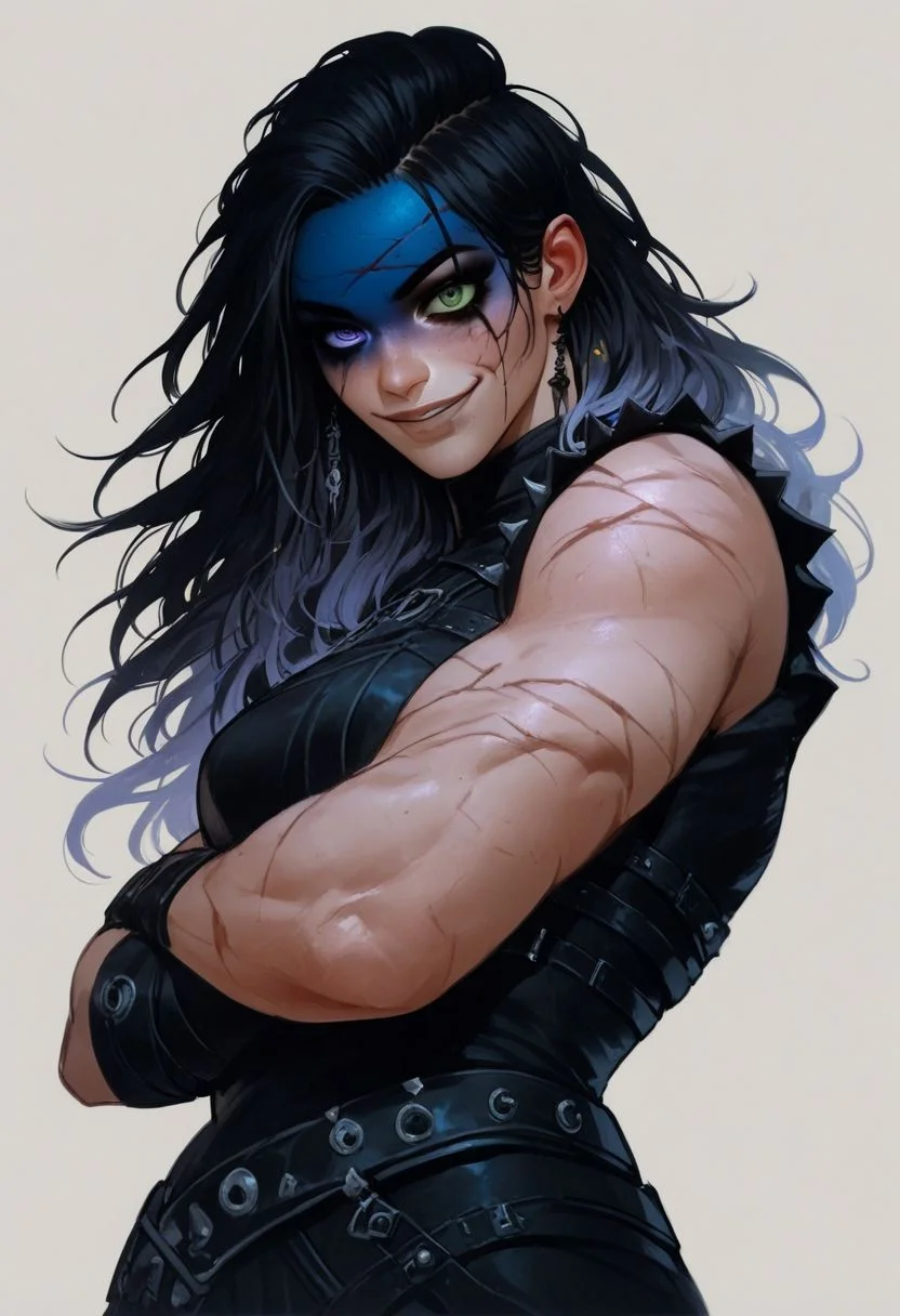score_9, score_8_up, score_7_up, score_6_up, score_5_up, score_4_up, yasha nydoorin from critical role, aasimar, heterochromia, green eye, purple eye, scars, blue facepaint, chin tattoo, sleeveless, gothic, leather straps, crossed arms, looking at viewer, low angle, dark eyeshadow, black hair, multicoloured hair, coy smile, bedroom eyes, seductive, (muscular:0.7)