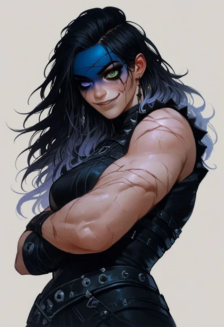 score_9, score_8_up, score_7_up, score_6_up, score_5_up, score_4_up, yasha nydoorin from critical role, aasimar, heterochromia, green eye, purple eye, scars, blue facepaint, chin tattoo, sleeveless, gothic, leather straps, crossed arms, looking at viewer, low angle, dark eyeshadow, black hair, multicoloured hair, coy smile, bedroom eyes, seductive, (muscular:0.7)