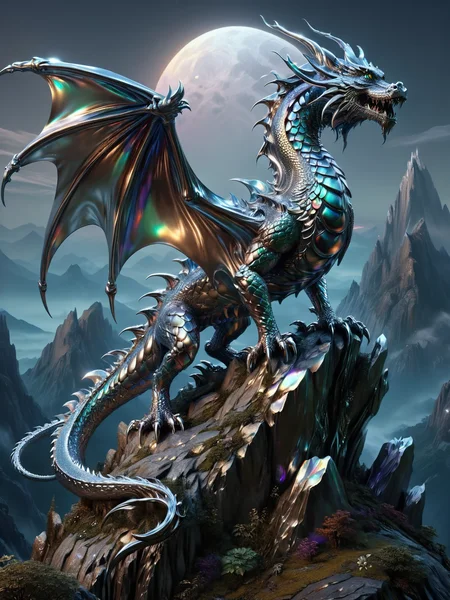 A fantastical dragon with ais-metalz scales perched atop a craggy mountain peak, overlooking a mystical kingdom shrouded in mist, under a full moon <lora:Metallic_Iridescence_SDXL:1>