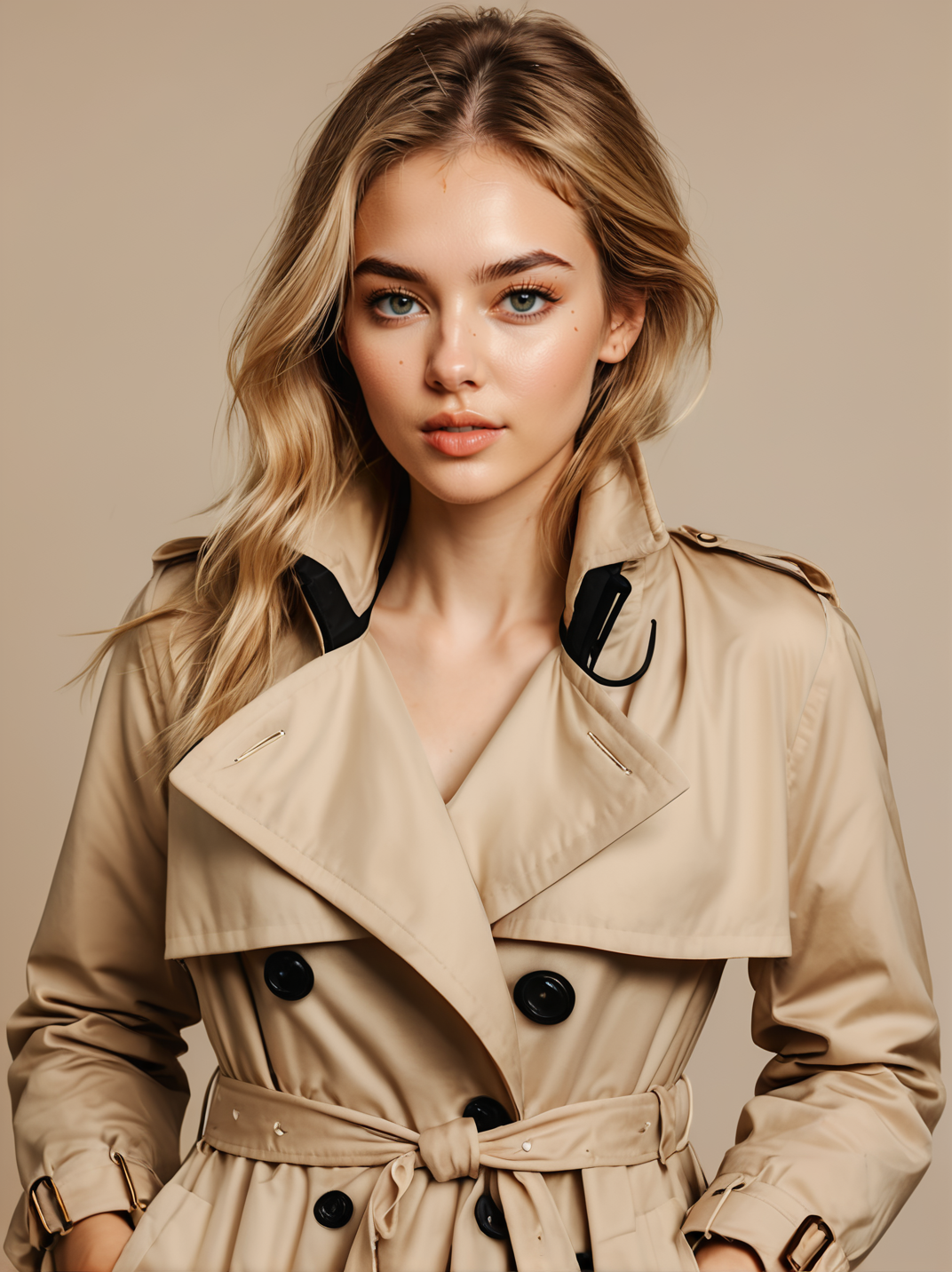 30yo neysasynth, full body, standing, neutral background, sultry,
wearing a trench coat