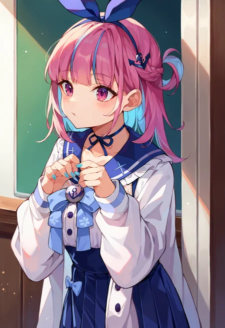 score_9, score_8_up, score_7_up, uncensored, source_anime, 1girl, <lora:spminatoAquaXLPony:1> aquasai, medium hair, blunt bangs, alternate hairstyle, ribbon choker, blue choker, blue hairband, anchor hair ornament, blue sailor collar, white shirt, long sleeves, high-waist skirt, blue skirt, pleated skirt, white jacket open jacket, blue bow, blue ribbon, anchor symbol, white pantyhose, blue nail polish, blue nails