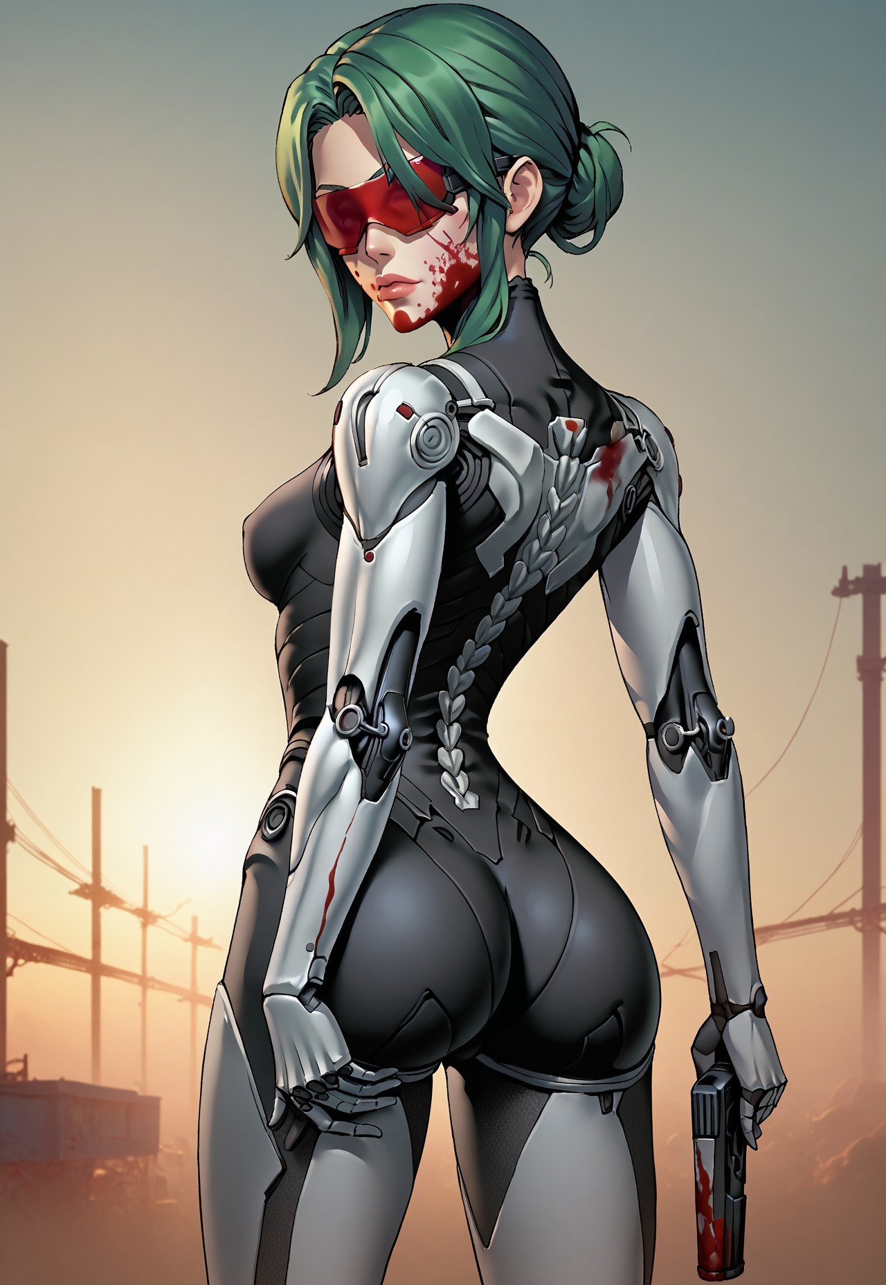 score_9, score_7_up, source_anime, woman, mature woman, small breasts, long  green hair, black bodysuit, (cyber arms, cyber legs, cyber spine) ,red eye visor, covered eyes, wide hips, ass focus, blood, blood on face ,female cyborg, muscular, apartment, covered in blood, holding pistol, ho1ding-weap0n