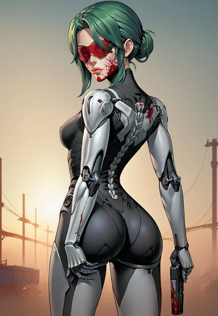 score_9, score_7_up, source_anime, woman, mature woman, small breasts, long  green hair, black bodysuit, (cyber arms, cyber legs, cyber spine) ,red eye visor, covered eyes, wide hips, ass focus, blood, blood on face ,female cyborg, muscular, apartment, covered in blood, holding pistol, ho1ding-weap0n