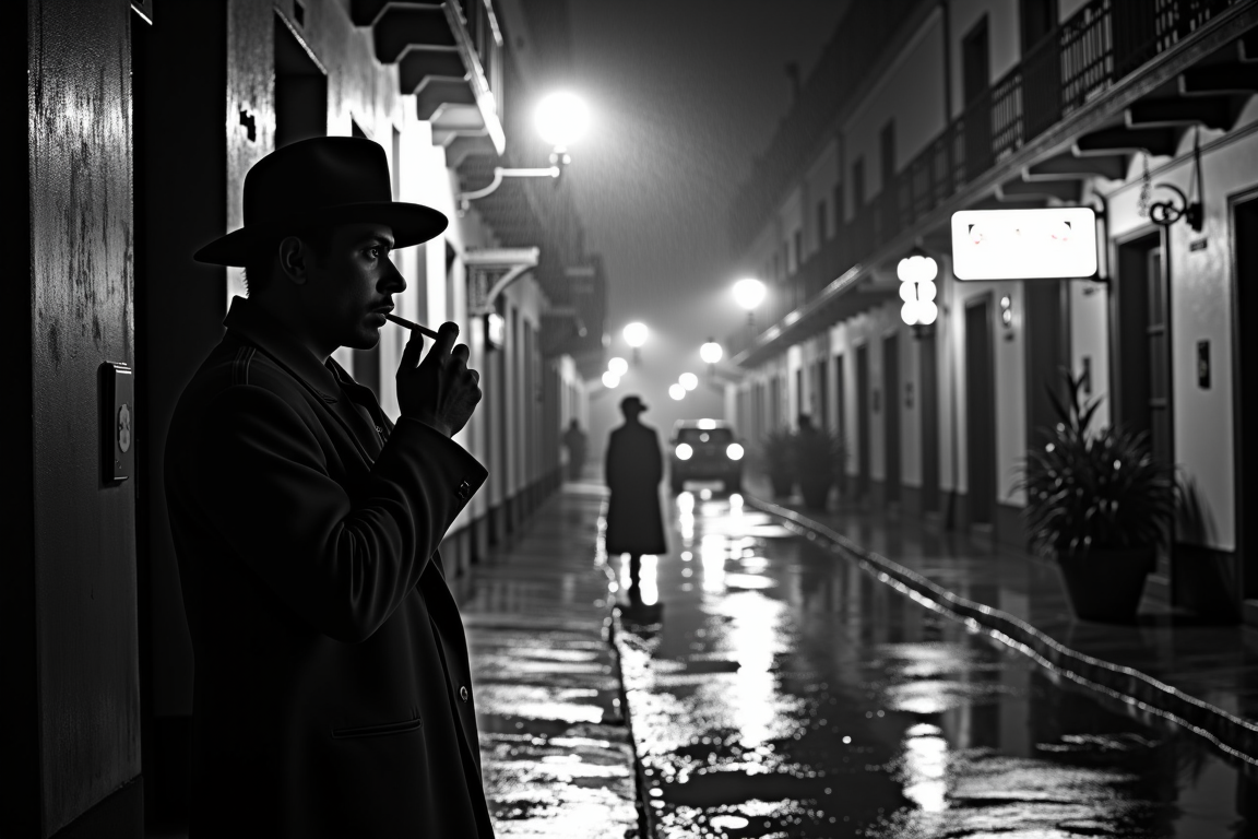 <lora:Mexican Noir Style-flux:1> mxnoirsty, black and white, dark,  Rainy Night in Mexico City (Urban Noir, Shot with a Contax II, Wet Pavement Reflecting Neon Lights)
A detective in a well-worn trench coat stands under a flickering streetlamp in the heart of Mexico City. His cigarette glows in the darkness as he watches a shadowy figure disappear down a narrow alley. The rain has turned the cobblestone streets into a mirror of neon reflectionsâfaintly illuminating old bar signs, the silhouettes of passing boleros, and the distant headlights of a sleek black car. Shot with high-grain 35mm film, the wet pavement gleams under the dim glow, evoking the mystery and intrigue of Mexican Noir at its finest.