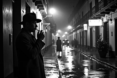 <lora:Mexican Noir Style-flux:1> mxnoirsty, black and white, dark, Rainy Night in Mexico City (Urban Noir, Shot with a Contax II, Wet Pavement Reflecting Neon Lights)
A detective in a well-worn trench coat stands under a flickering streetlamp in the heart of Mexico City. His cigarette glows in the darkness as he watches a shadowy figure disappear down a narrow alley. The rain has turned the cobblestone streets into a mirror of neon reflectionsâfaintly illuminating old bar signs, the silhouettes of passing boleros, and the distant headlights of a sleek black car. Shot with high-grain 35mm film, the wet pavement gleams under the dim glow, evoking the mystery and intrigue of Mexican Noir at its finest.