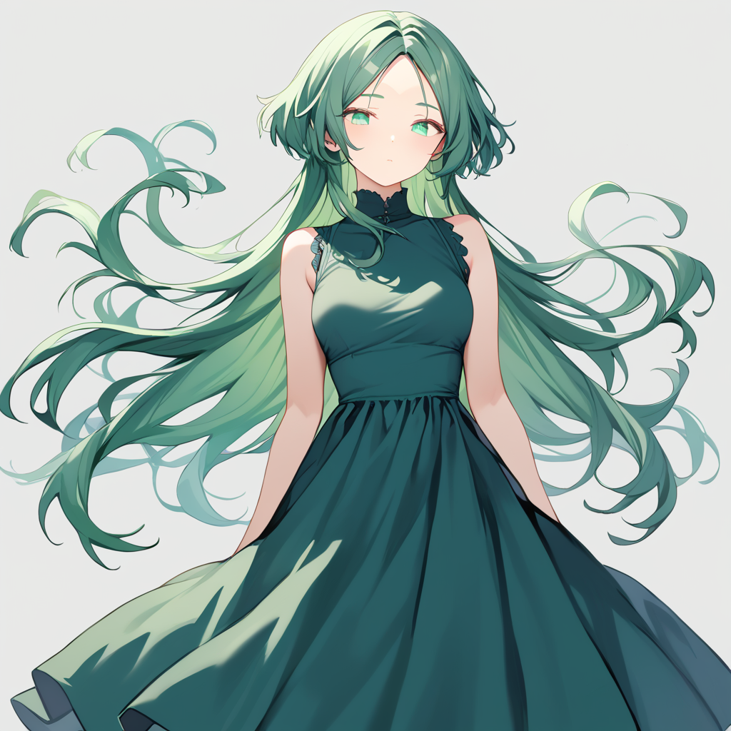 score_9, score_8_up, score_7_up, simple background,
1girl, jfcut, long hair, dress, green hair, parted bangs, 
 <lora:jellyfish_haircut_pony_v1:0.6>