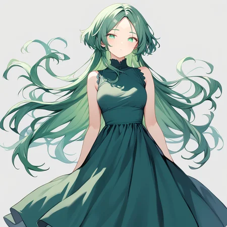 score_9, score_8_up, score_7_up, simple background,
1girl, jfcut, long hair, dress, green hair, parted bangs, 
 <lora:jellyfish_haircut_pony_v1:0.6>