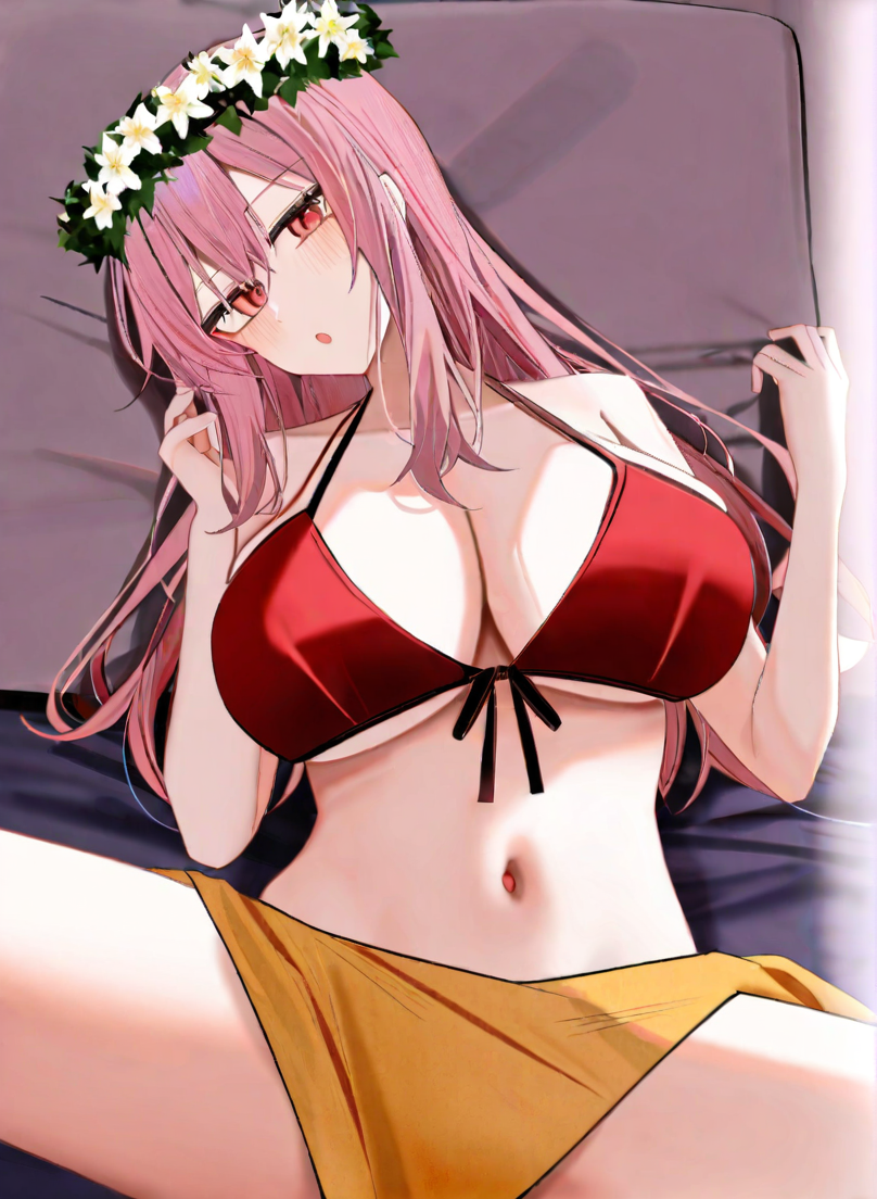 artist:ru zhai, character: Mizuki (ç¾æ) , 1girl, solo, lying on bed,spread legs, long hair, pink hair, large breasts,red eyes, white head wreath, :o, yellow sarong, cleavage,collarbone, navel, red bikini, front-tie bikini top,<lora:Mizuki (ç¾æ) v5 (æ­£ååå¾ç¿»è½¬)-000015:1>