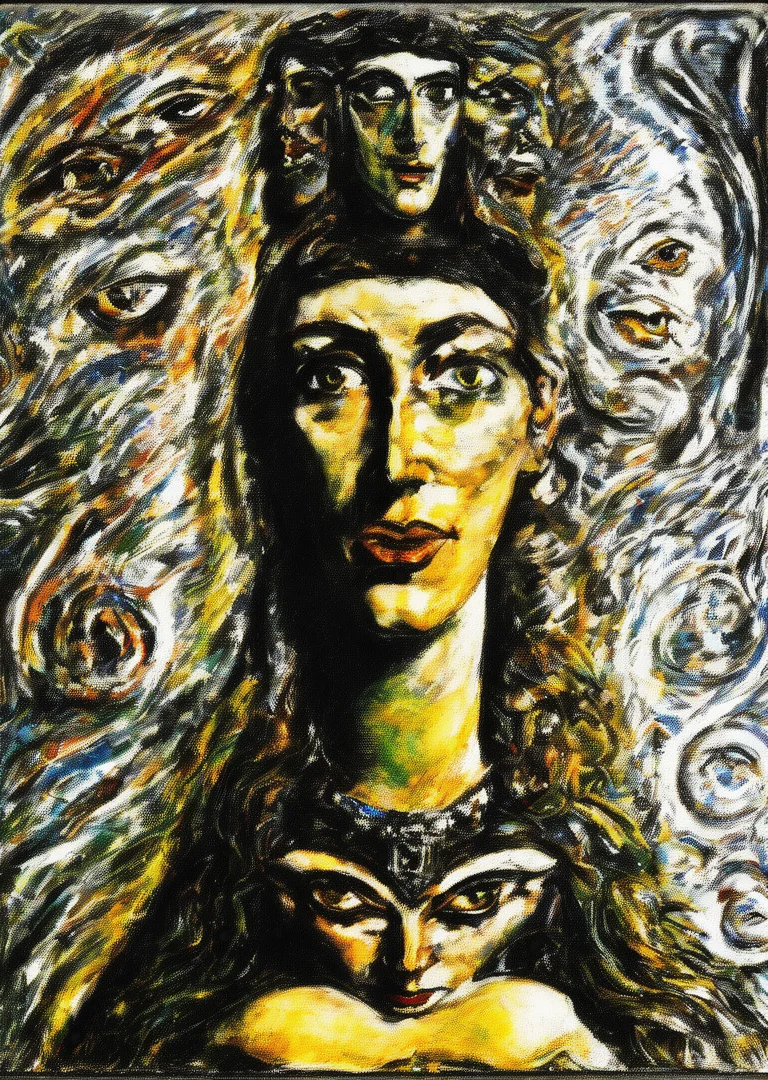 a painting of a woman and a man, an ultrafine detailed painting, by Austin Osman Spare and Ernst Fuchs, head portrait, style of leonora carrington, chaim soutine and frank auerbach, hecate goddess, impressionism and expressionism, both faces visible, stanisÅaw szukalski, mild expressionism, <lora:Austin_Osman_Spare_1.1:1>