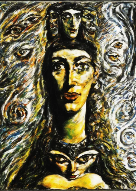 a painting of a woman and a man, an ultrafine detailed painting, by Austin Osman Spare and Ernst Fuchs, head portrait, style of leonora carrington, chaim soutine and frank auerbach, hecate goddess, impressionism and expressionism, both faces visible, stanisÅaw szukalski, mild expressionism, <lora:Austin_Osman_Spare_1.1:1>