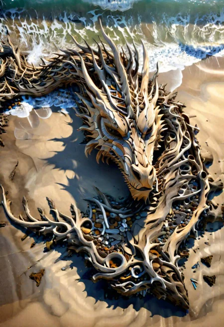 (drift wood washes up on the shore, all the tiny parts of drift wood form together to create a perfect shape of a large dragon lying on the shore), abstract, 3d render, strong, insanely intricate details, (masterpiece), breathtaking natures art work