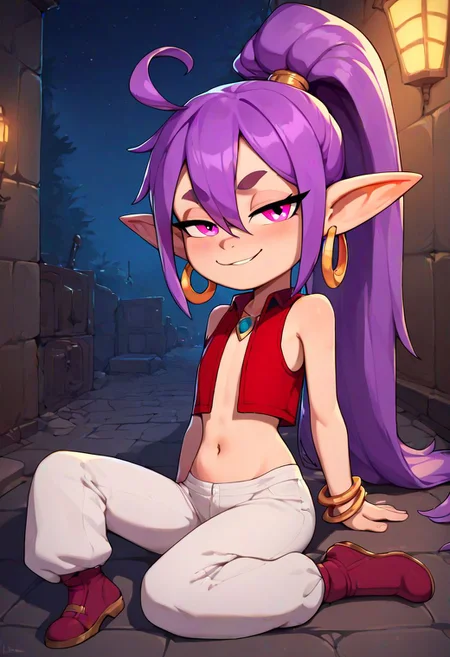 score_9,score_8_up,masterpiece, best quality, 1girl,solo,  rating_explicit,
, magenta eyes , pointy ears, long hair, purple hair, hair between eyes, ahoge, thick eyebrows, high_ponytail, pointy_footwear,  hoop_earrings, jewelry, earrings
,flat chest, (skinny:1.2), cute, sensual, petite girl,  bare shoulder
(short:1.2), small body, (shortstack), size diference,
slut, red vest, open vest, navel, lowleg white pants, ponytail,
innocent looking, half closed eyes, smug, seductive, slutty, fluffy pants, harem pants,
slut alley, night, stone floor,