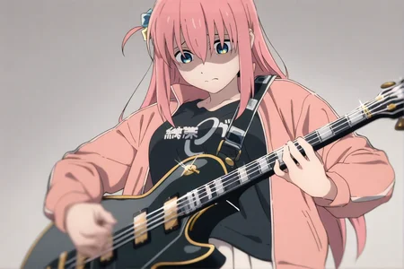 1girl,gotoh hitori,
cube hair ornament,electric guitar,frown,gibson les paul,grey background,guitar,hair ornament,holding,holding instrument,instrument,jacket,long hair,looking down,one side up,pink hair,pink jacket,simple background,solo,track jacket,upper body,detailed (ç»è),beautiful color,shaded face,glint,black shirt,blurry foreground,eyelashes,depth of field,skirt,bass guitar,blurry background,closed mouth,shirt,blurry,open clothes,blue eyes,holding guitar,open jacket,fender precision bass,breasts,medium breasts,hair between eyes,white skirt,pleated skirt,amazing quality \(style\),tsurime,sidelocks,very long hair,long sleeve cuff,
(masterpiece, best quality, very aesthetic),absurdres,aesthetic,detailed,beautiful color,amazing quality,
masterpiece,best quality,amazing quality,very aesthetic,<lora:CSM animation style-NOOB05-lokr-ADAMV2:1>,