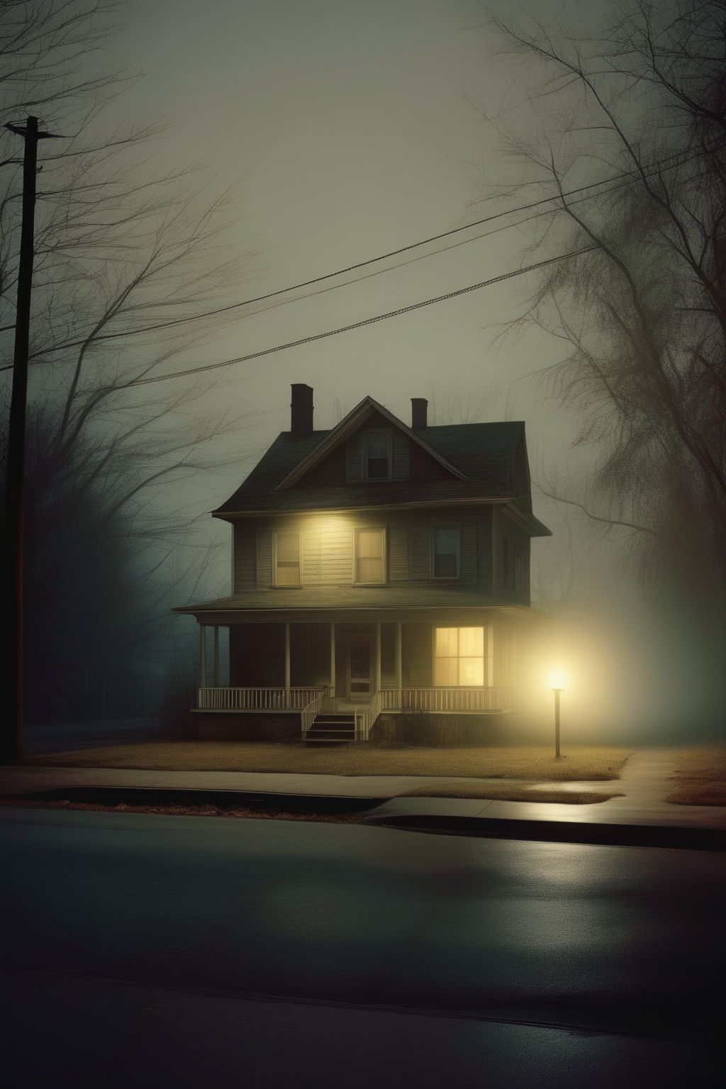 <lora:Todd Hido Style:1>Todd Hido Style - A solitary house at the end of a dimly lit street, the only source of light is the glow coming from a single window. In the style of Todd Hido.