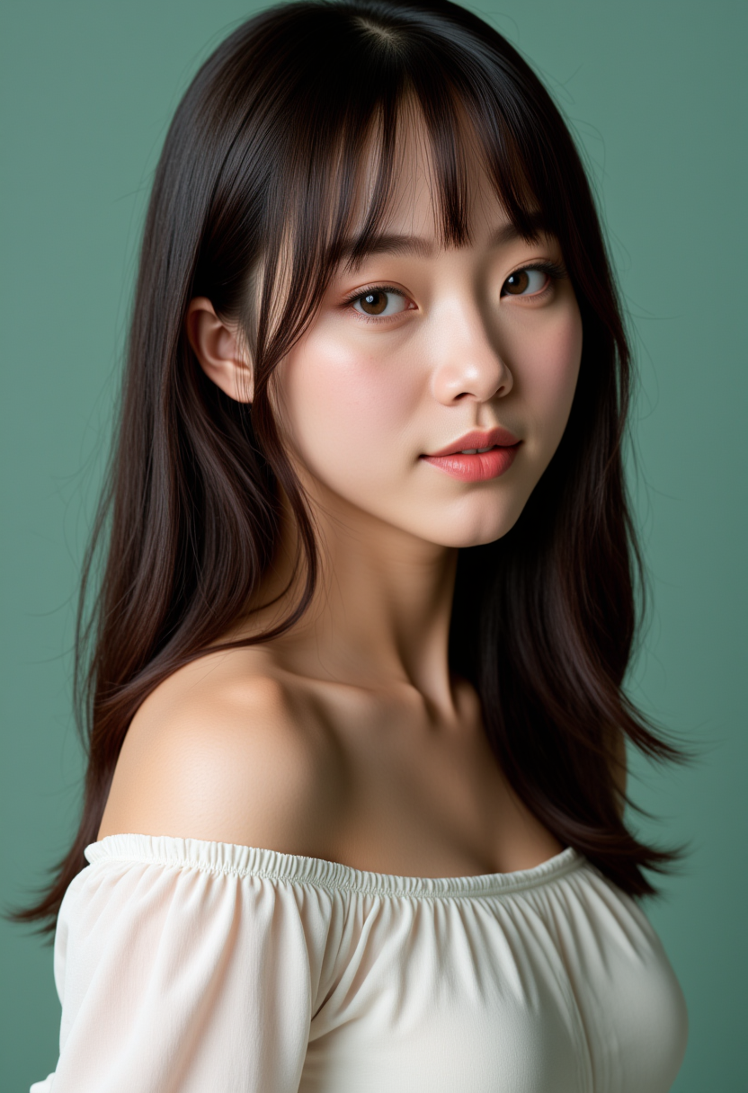 She is approximately 18 years old. Hyperrealism, she is looking at the camera, (dynamic angles), profile headshots of a beautiful, stunning unique female character. She has dark hair. her eyes are filled with joy and excitement, extravagant eyelashes. A photo of Sung_CDC, wearing a white frilly shirt. The woman is posing confidently. simple sage green colored background. She has a slight smile on her face and is looking directly at the camera. making this image a masterpiece of photography and digital art. realistic. making this image a masterpiece of photography and digital art. Style: realistic hyper-detailed rendering, 32k UHD, expressive eyes, punk, graphic design, girl's face, pretty and cute, gleaming lips, telling a tale of adventure. Exuding confidence and serenity. The overall mood of the image is happy and relaxed,detailed skin texture,(blush:0.2),(goosebumps:0.3),subsurface scattering,whimsical,Detailed hand, Perfect hand. Perfection style.