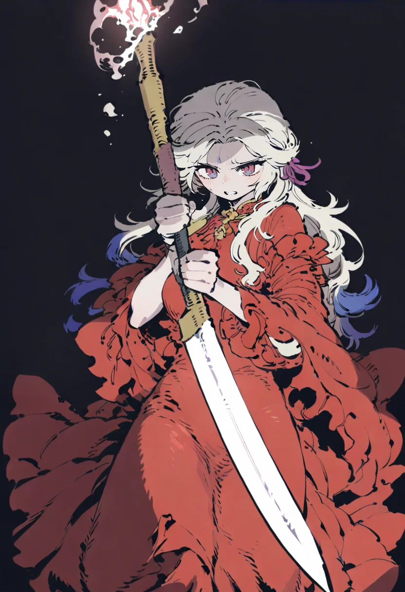 masterpiece, best quality,<lora:SSAMBAteaXL_ANI31_lokr_V53P1:0.95> 1girl, edelgard von hresvelg, solo, weapon, holding, dress, simple background, white hair, long hair, red dress, holding weapon, black background, ribbon