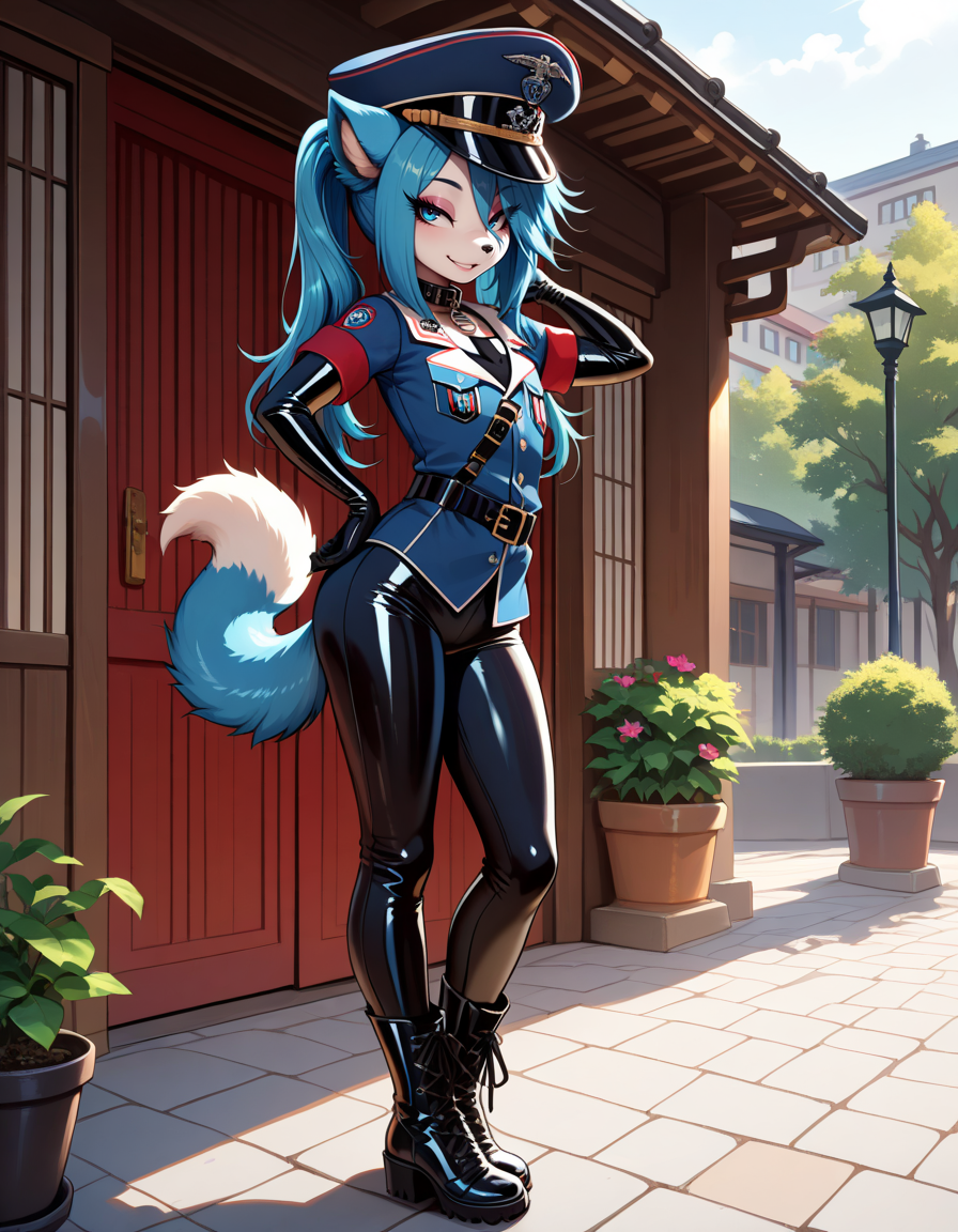 masterpiece, best quality, very aesthetic, absurdres,
outdoors,
full body, standing, posing,
peaked cap,collar,uniform,elbow gloves,belt,boots,
seductive smile, parted lips, long eyelashes,
<lora:Moisha_v01_NAIXL:1> Moisha,1boy,solo,furry,furry male,male focus,otoko no ko,animal ears,blue hair,long hair,ponytails,blue eyes,snout,animal nose,dog tail,