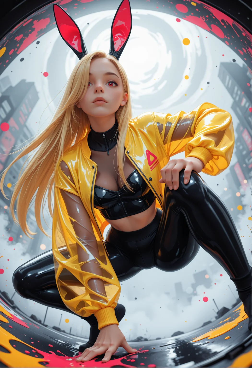 masterpiece, detailed_eyes, high_quality, best_quality, highres, subject_focus, depth_of_field,
Complementary Colors,
1girl, woman,leggings, yellow jacket, see-through jacket, latex jacket, shirt, bare midriff, bunny ears, blonde hair, hair over eye, red eye, very straight hair, tilted head, dynamic angle, looking at viewer, action motion, abstract, splatter, splash art, crouching, hand on knee, fisheye angle,
simple background, fog, bokeh